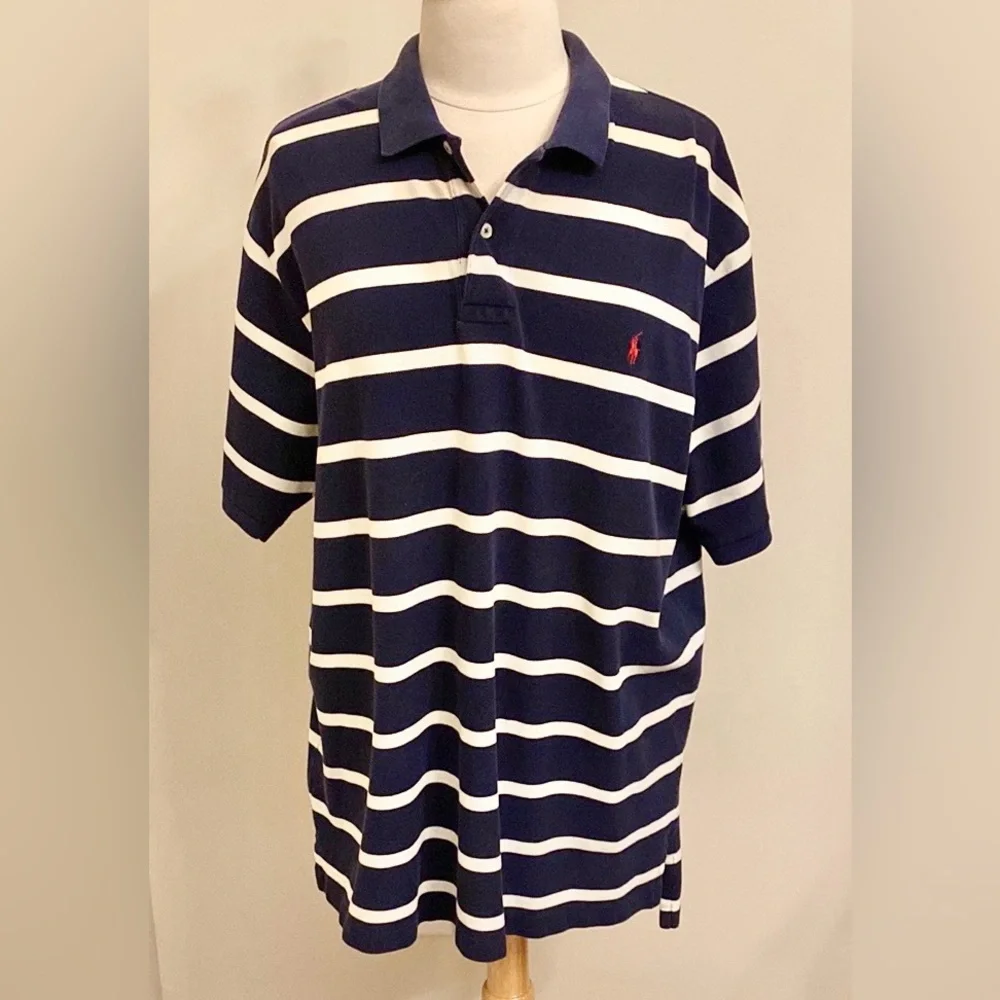 Polo by Ralph Lauren Navy Blue White Striped XXL Coastal Americana Preppy Shirt